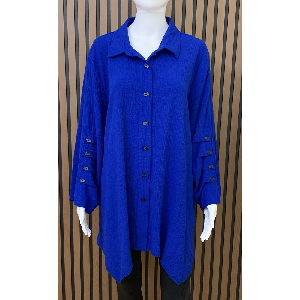 Calessa Women's Royal Blue Crinkle Texture Button Down Tunic‎ Shirt 1X Lagenlook
